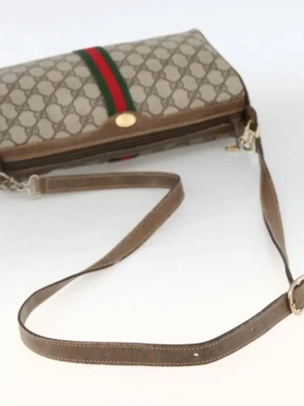 GUCCI GG Supreme Web Sherry Line Bag PVC Beige Gold 378 02 017 Auth BAZ162